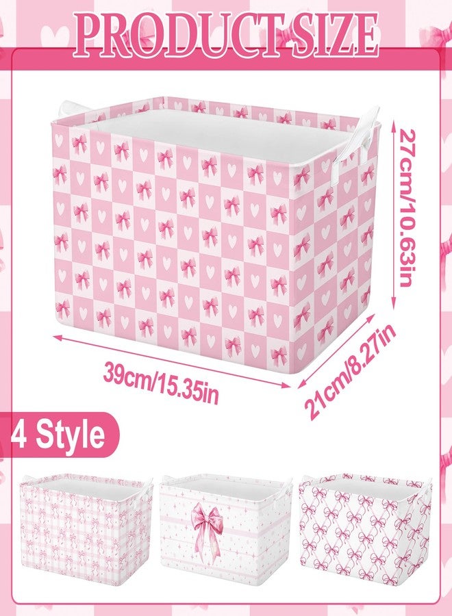 Bulyoou 4 Pcs Pink Bow Storage Basket for Gifts Collapsible Girls Coqutte Pink Storage Bins with Handle Cute Preppy Foldable Laundry Organizer for Home Bathroom Bedrooms Baby Clothes Toys Books - Image 2